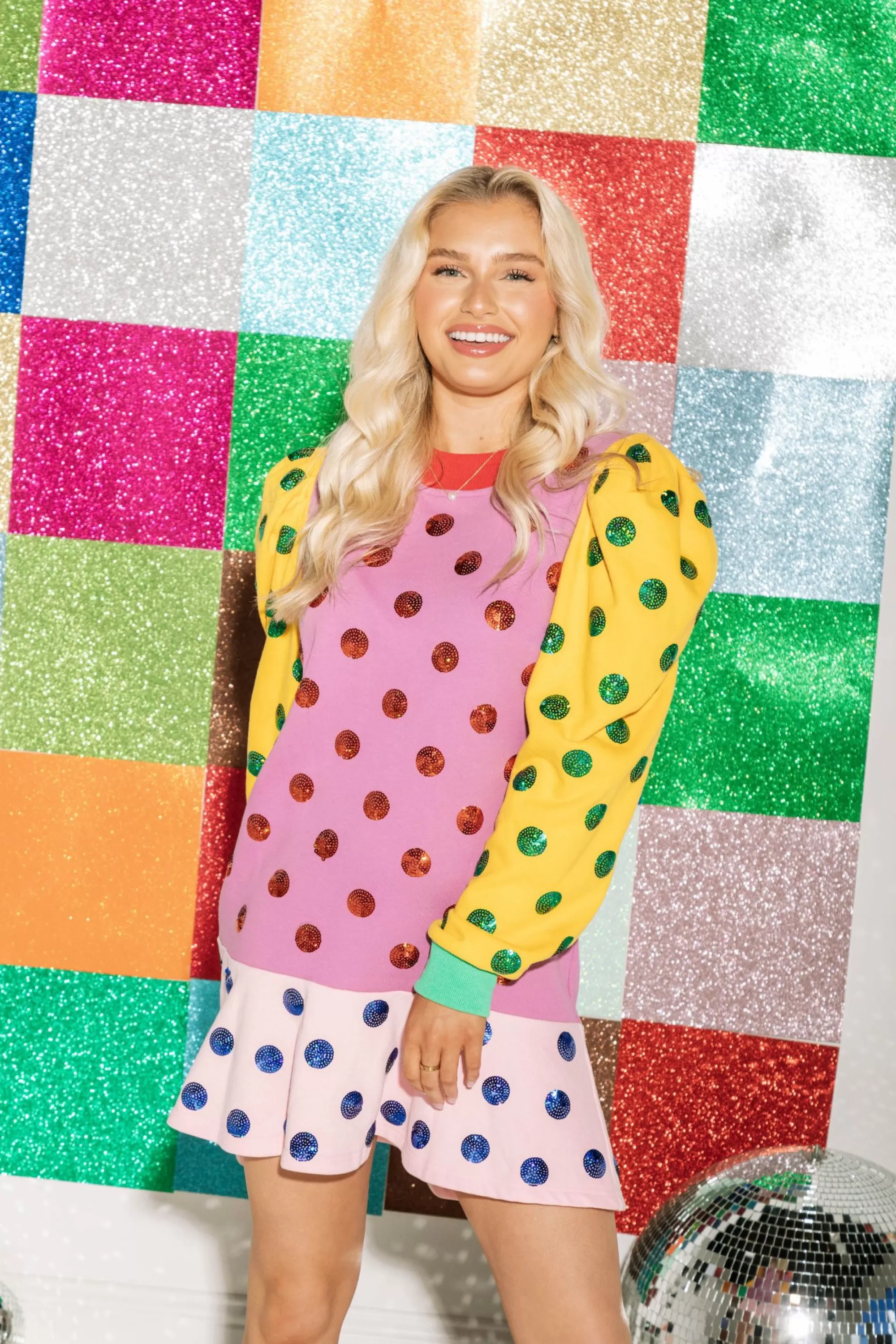 Queen Of Sparkles Colorblock Polka Dot Poof Sleeve Dress