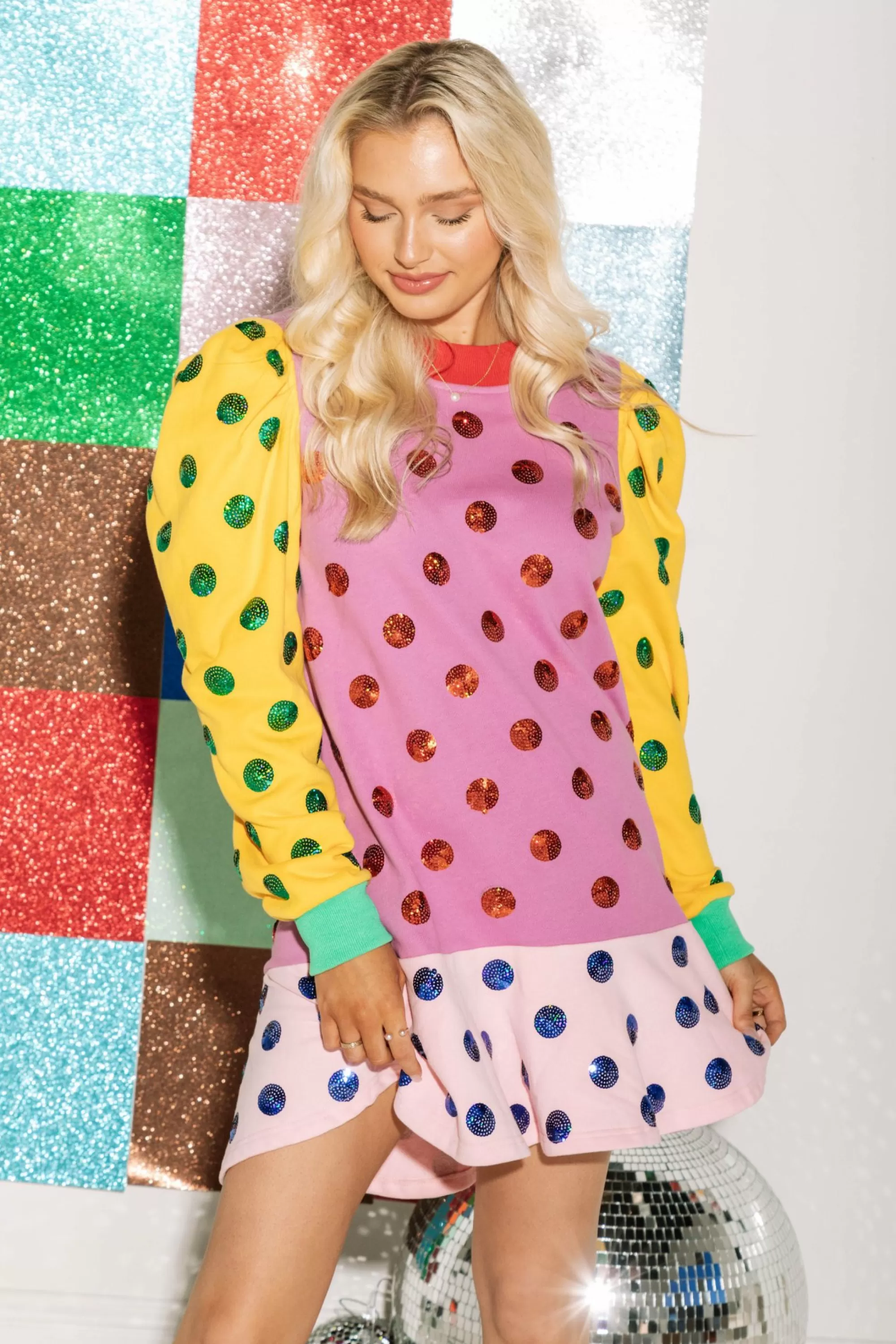 Queen Of Sparkles Colorblock Polka Dot Poof Sleeve Dress