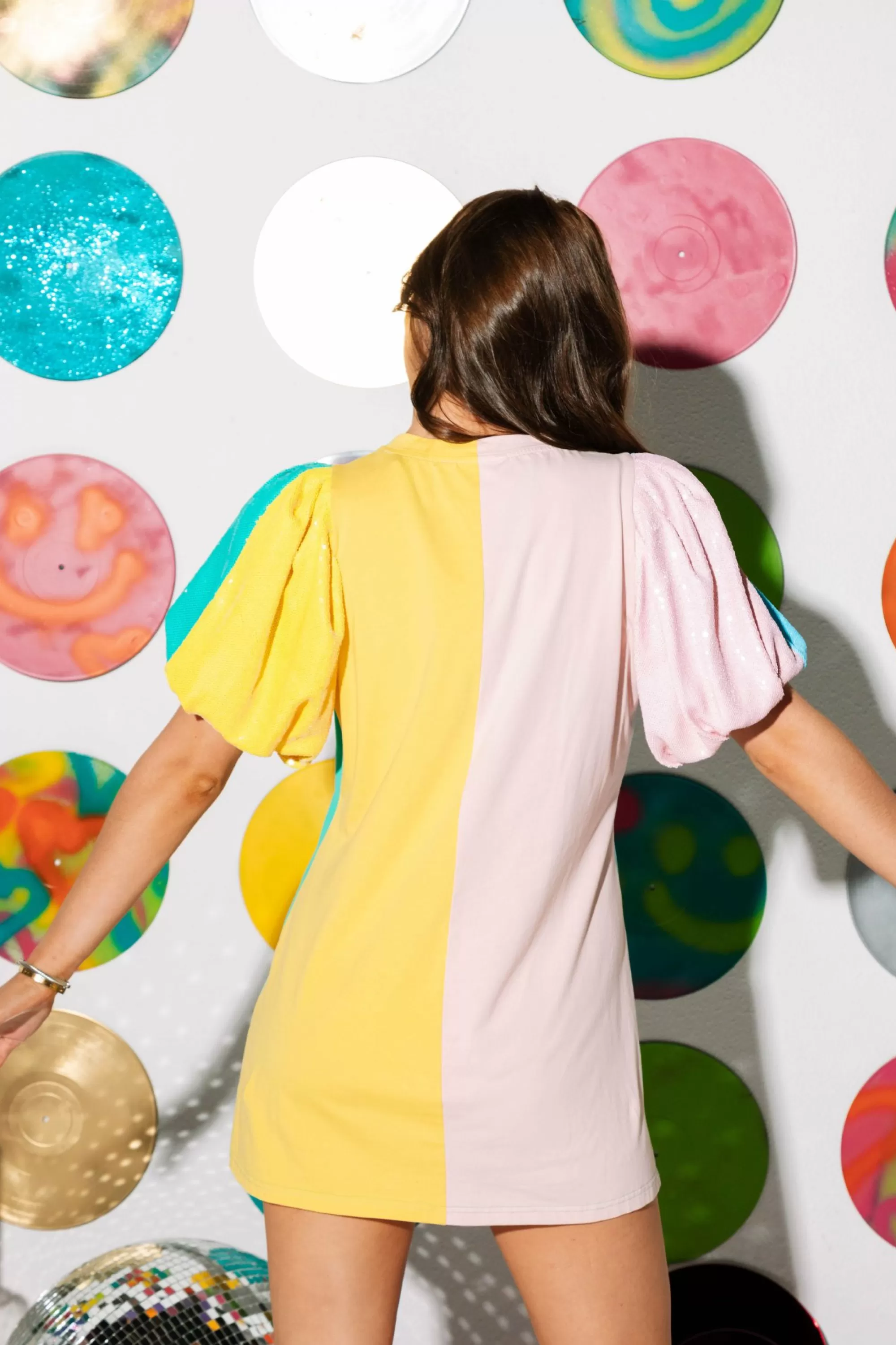 Queen Of Sparkles Colorblock Sequin Poof Sleeve Tee Dress