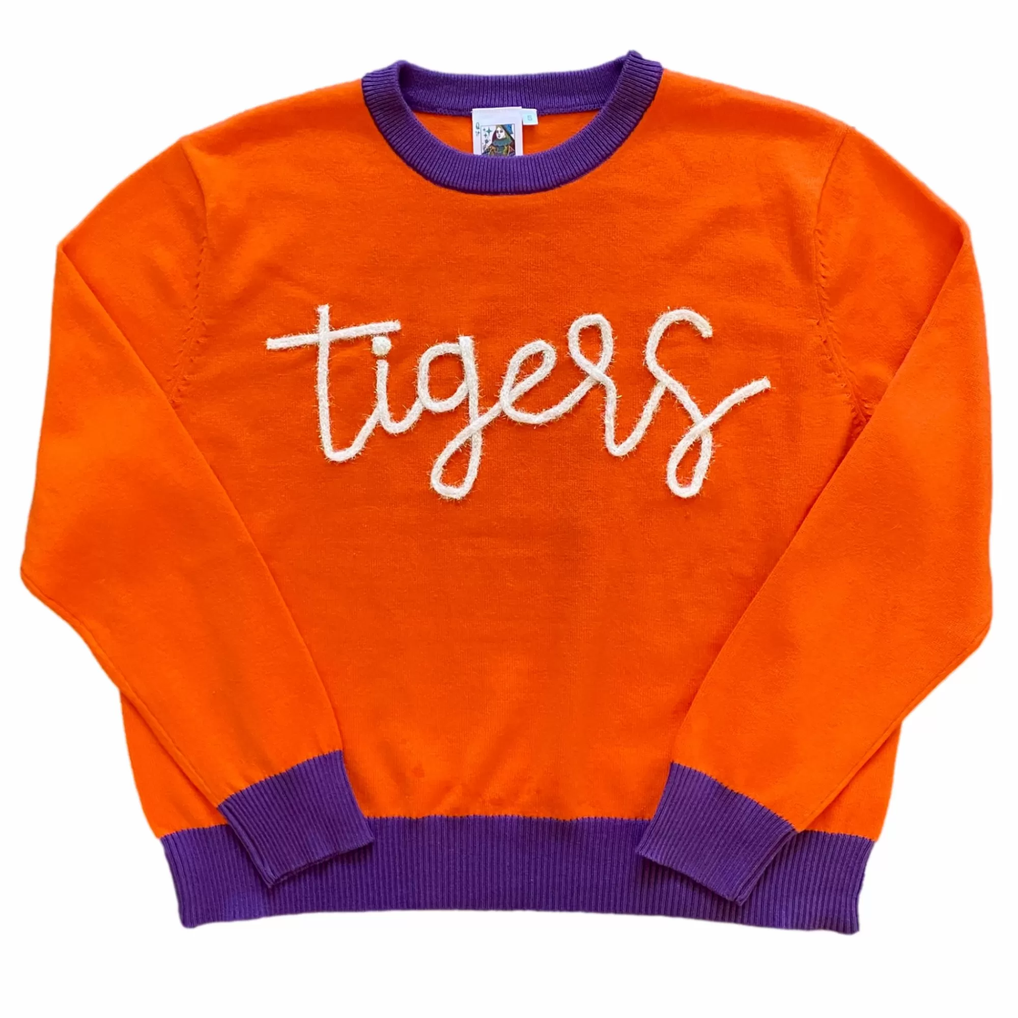 Queen Of Sparkles Glitter Script Orange W/ Purple "Tigers" Long Sleeve Sweater