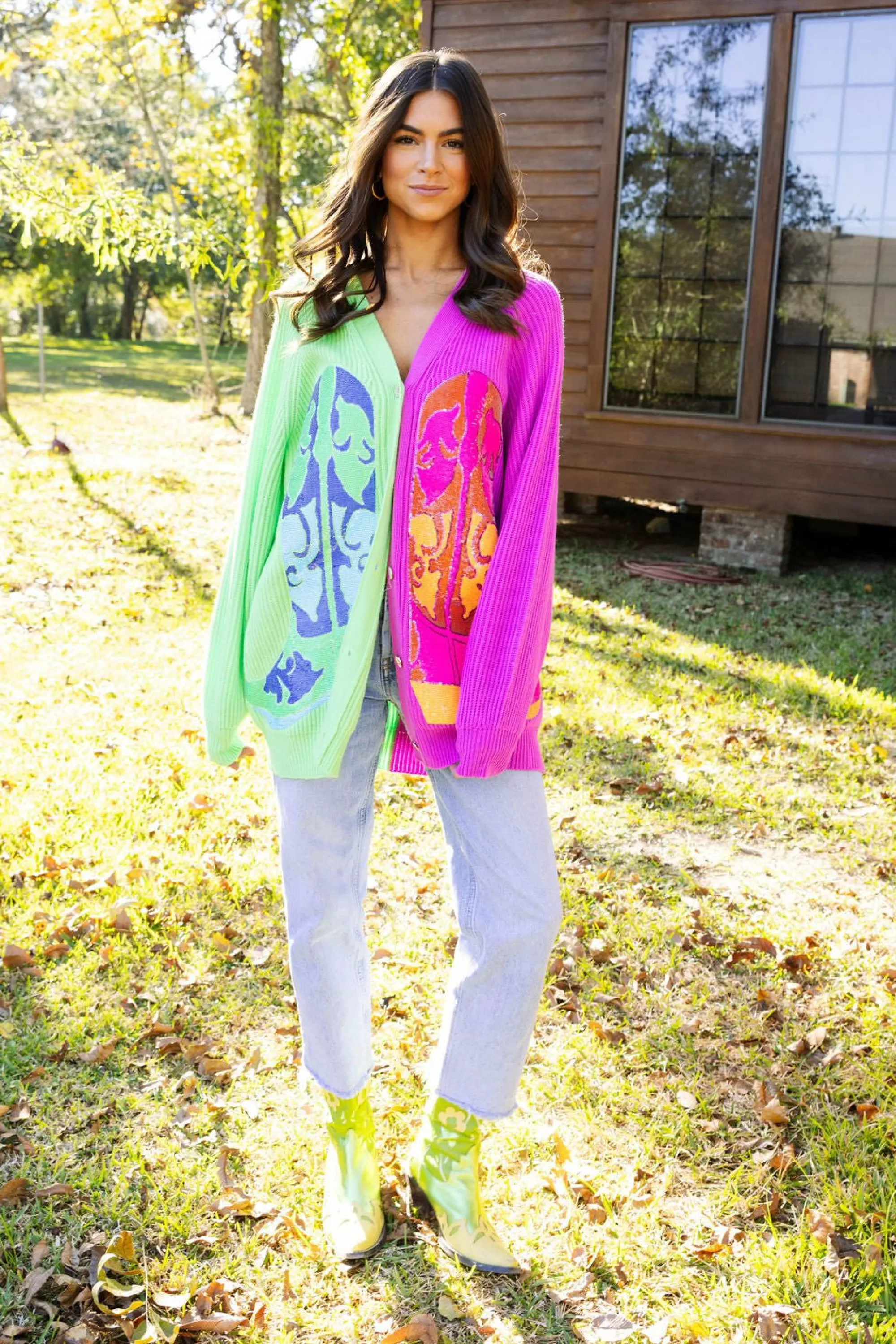 Queen Of Sparkles Green & Purple Colorblock Boot Full Length Cardigan