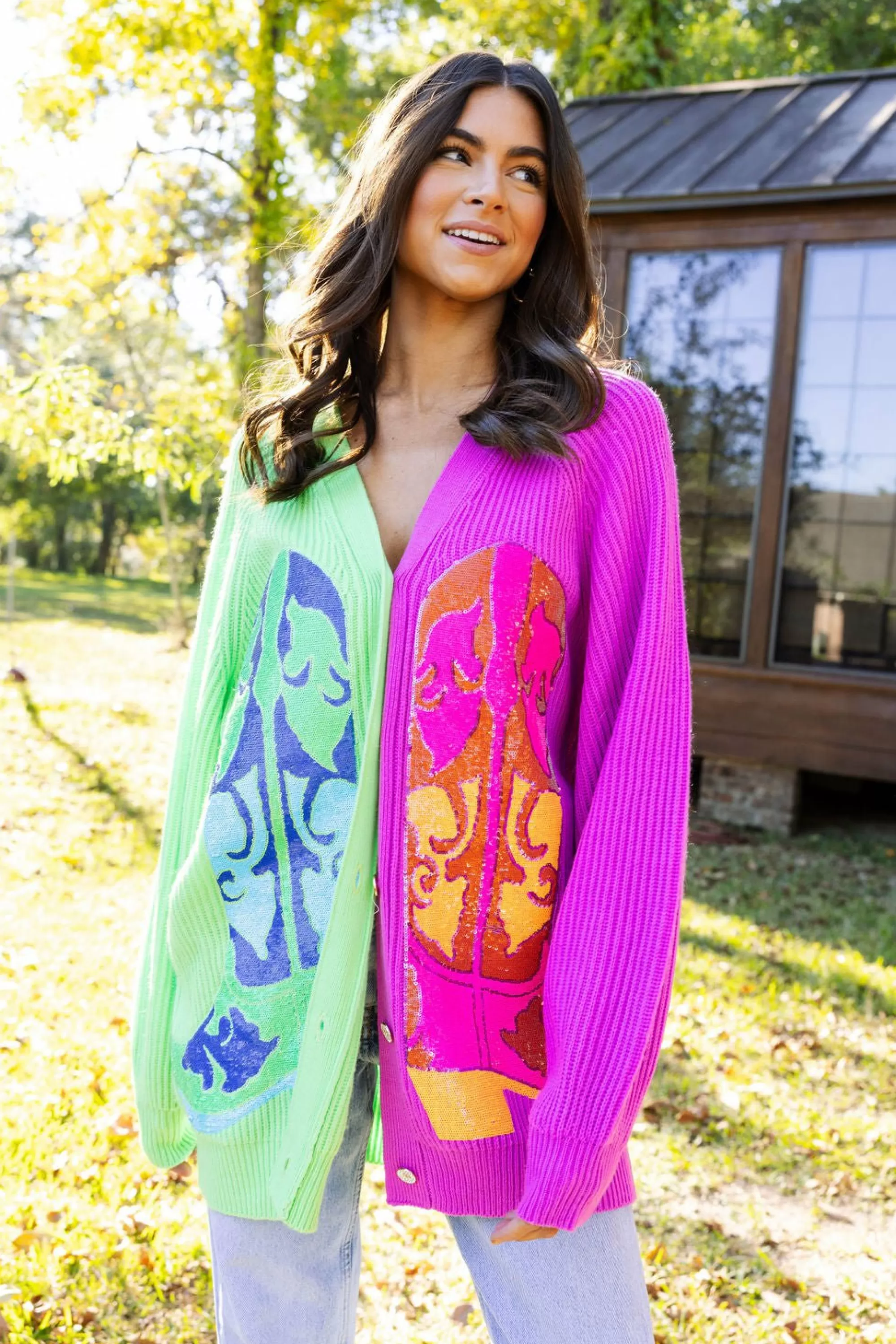 Queen Of Sparkles Green & Purple Colorblock Boot Full Length Cardigan
