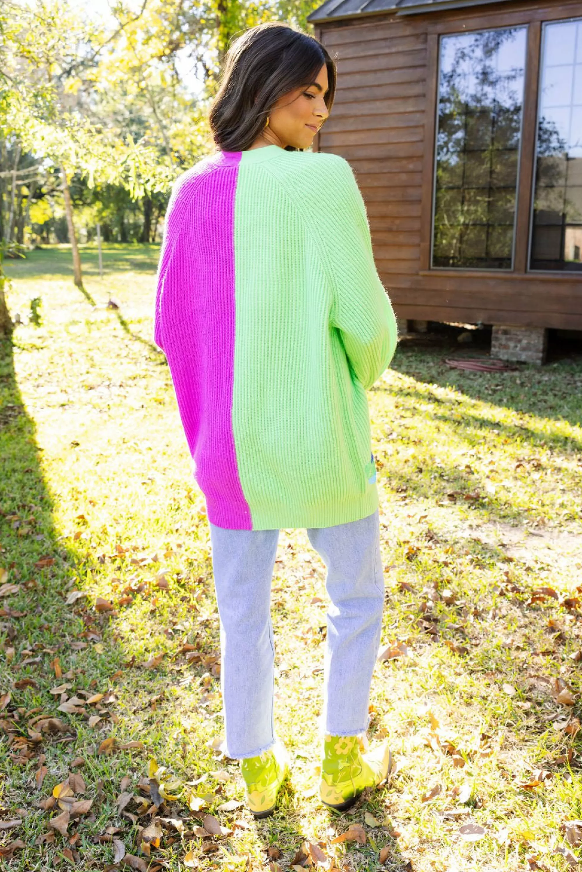 Queen Of Sparkles Green & Purple Colorblock Boot Full Length Cardigan
