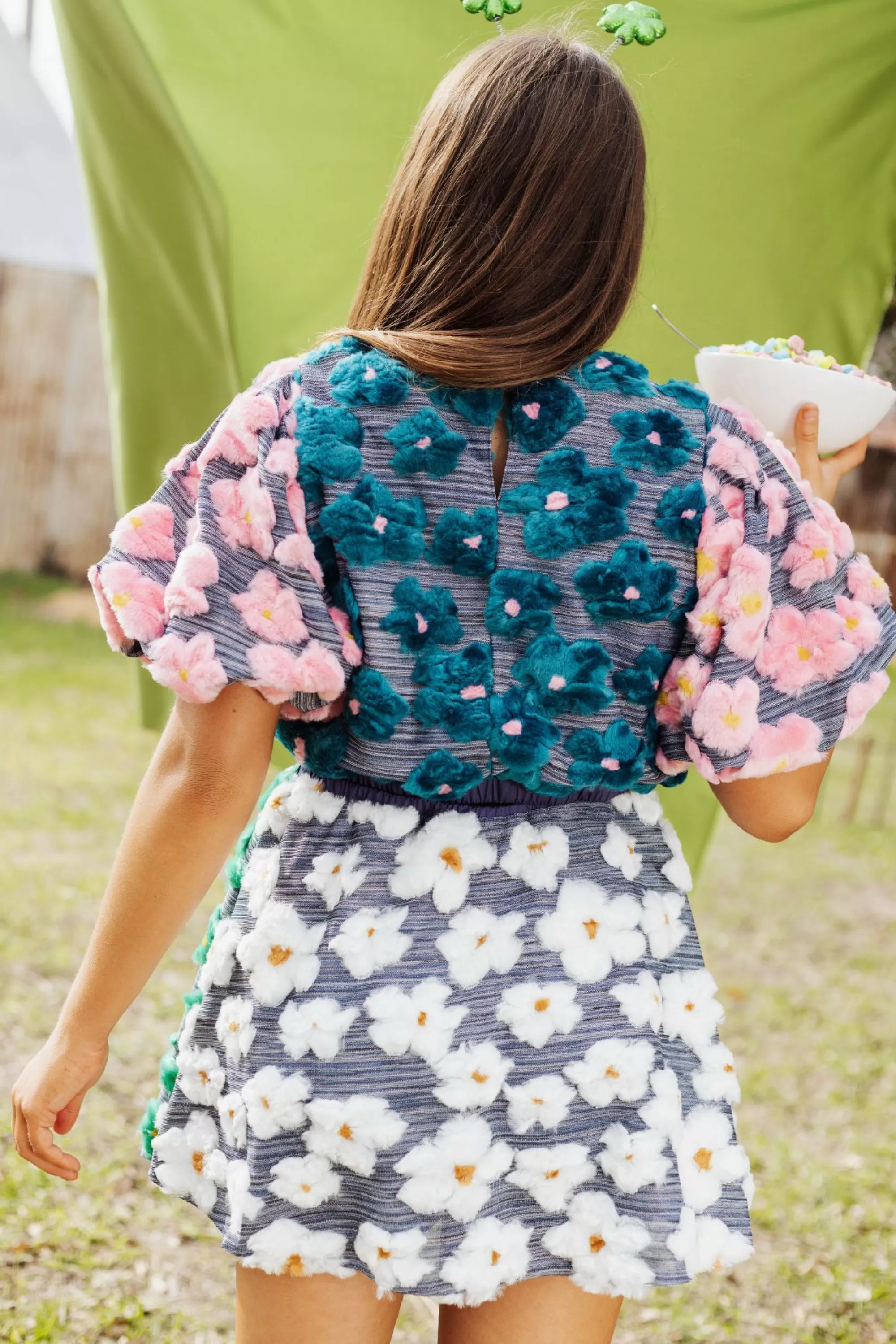 Queen Of Sparkles Green Colorblock Flower Fur Skirt