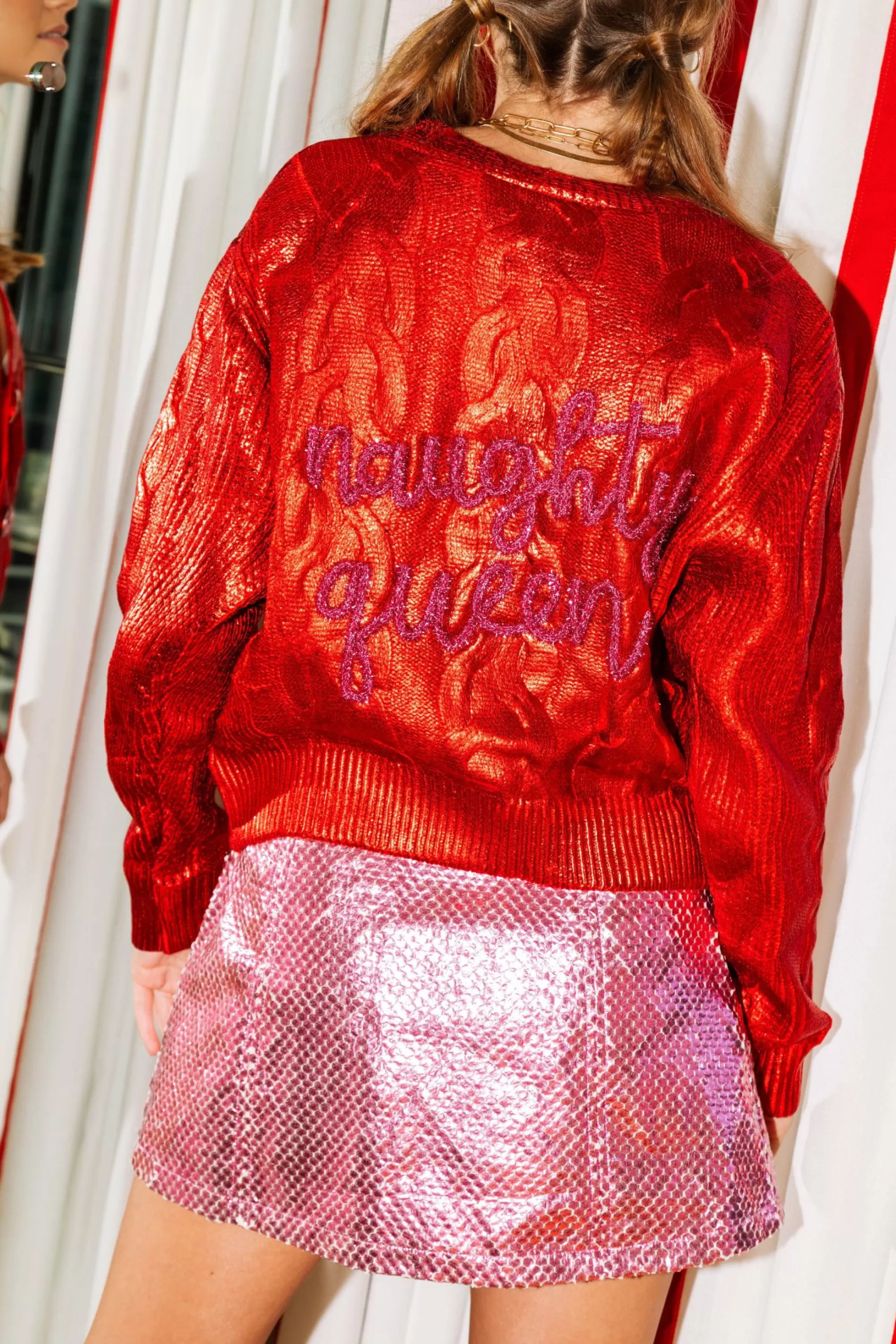 Queen Of Sparkles Red Metallic Naughty Queen Cardigan